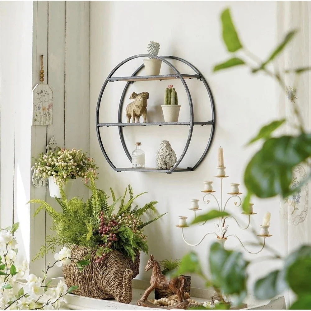 Industrial 3-Tier Semi-Circle Wall Shelves with Metal Bracket and Wood